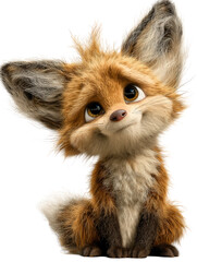 Cute cartoon fox with big ears and fluffy tail, isolated on transparent background