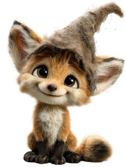 Obraz premium Charming cartoon fox wearing a pointy hat, isolated on transparent background