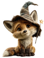 Obraz premium Cute cartoon fox wearing a wizard hat and holding a magic wand, isolated on transparent background