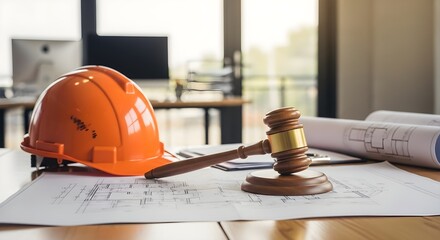 Construction Law Gavel, Hardhat and Blueprints on Architect's Table