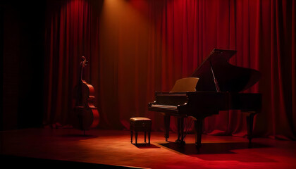 A spacious room with a grand piano and a cello, creating a backdrop for jazz musicians and cultural gatherings