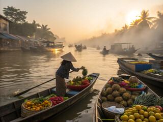 Low-angle view of a vibrant Asian floating market at sunrise, a vendor handing down fruit. Authentic cultural commerce, local food, and early morning travel experience.