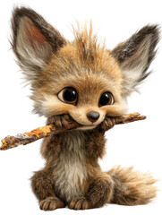 Obraz premium Cute cartoon fox cub holding a stick in its mouth, isolated on transparent background
