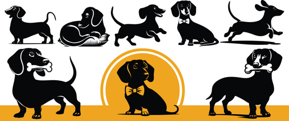 Obraz premium Collection of dachshund dog silhouettes in playful and cute poses, including a bow tie puppy design. Perfect for pet projects, crafts, stickers, vinyl cutting, and t shirt designs.