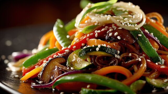 Close up of stir fried vegetables with sesame seeds