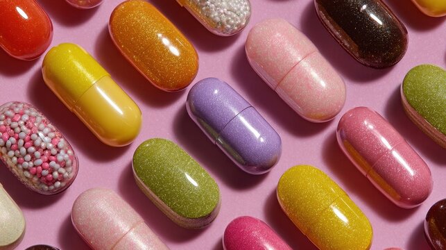 Close up shot of colorful pills and capsules on a pink background