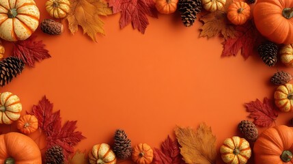 Fototapeta premium Autumn harvest frame of pumpkins gourds pine cones and colorful fall leaves on an orange background with copy space