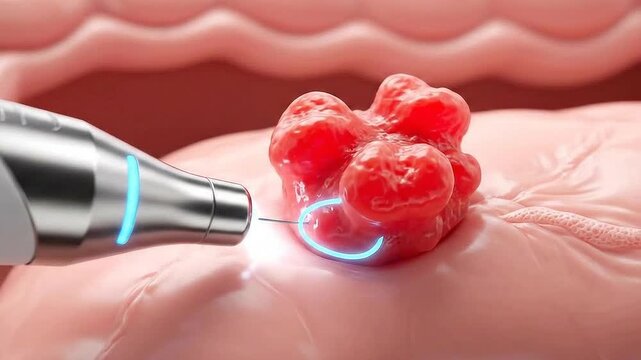 Polyp Removal in Colon Cancer Screening with Red Polyp on Pink Tissue Background and Surgical Tool