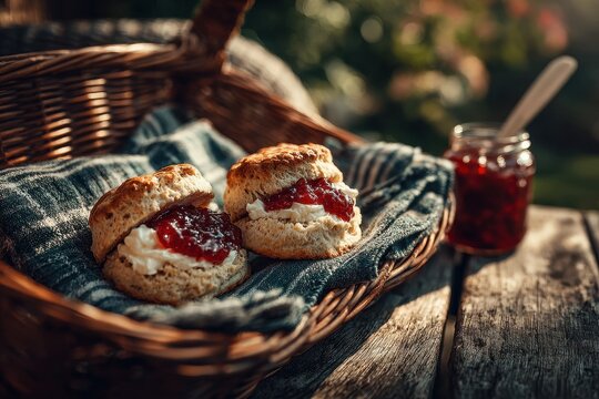 Freshly baked scones with jam and cream in a rustic basket