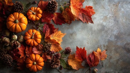 Fototapeta premium Overhead view of small orange pumpkins and vibrant autumn leaves scattered on a textured rustic surface