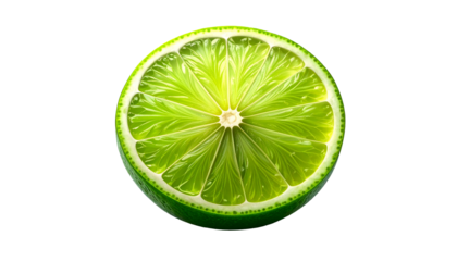 Close-up of a juicy, green lime slice with a black background