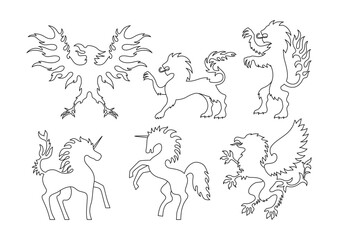 Heraldic animals for coat of arms set. Heraldry crest elements line mascots lion, unicorn, eagle and fantasy griffin contour collection. Medieval emblems for kingdom vector graphic illustration