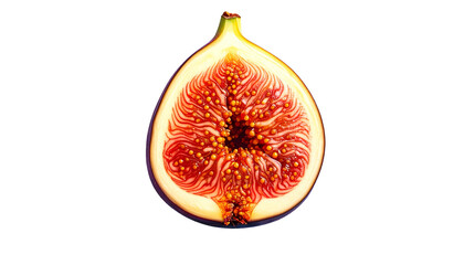Cross-section of a ripe fig, revealing juicy interior, on black