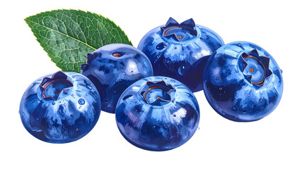 Vivid closeup of juicy blueberries with a vibrant green leaf