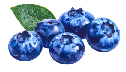 Vivid closeup of juicy blueberries with a vibrant green leaf