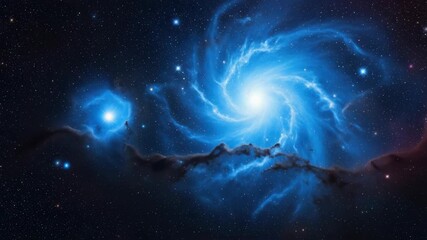 radiant blue spiral galaxy glows on the right its core bright To the left luminous blue nebula encircles star connected by dark cosmic dust lanes Countless stars fill the deep space - Powered by Adobe