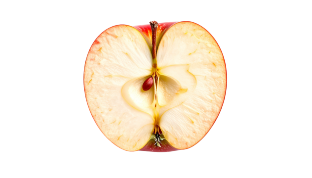 Cross-section of red apple, showing seeds and core on black