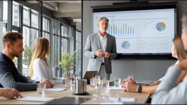 A professional business meeting with a speaker presenting data in front of a captivated audience in a modern conference room.