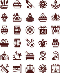 Diwali Festival Icons Set – Traditional Indian Celebration Symbols in Vector Style