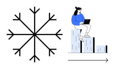 Woman with laptop seated on bar graph analyzing data, adjacent to a large snowflake design. Ideal for data analysis, growth, trends, winter themes, business, innovation, minimal design simple flat