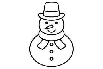 line art Snowman with hat and scarf, winter holiday vector, isolated on white background