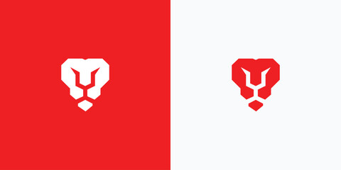lion head logo with a bold angular design in red and white color contrast. The sharp lines and symmetrical form convey strength, leadership, and confidence, making it ideal for branding, © mastinflowᵀᴹ