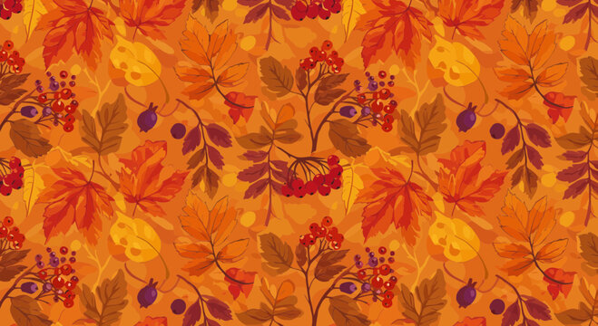 Autumnal delight: Seamless pattern featuring fall leaves and berries on warm tones