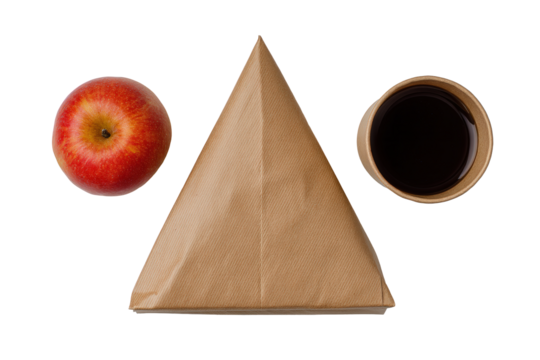 Apple, triangular food wrapper, and coffee cup arranged on transparent background - Powered by Adobe
