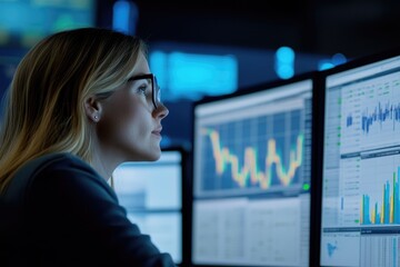 Focused businesswoman analyzing stock market data on multiple monitors in modern office, showcasing financial expertise and strategic decision making for investors