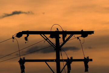 Silhouette of high voltage electric pole at sunset sky background.