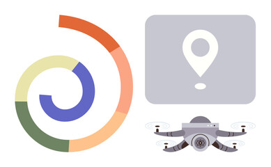 Modern quadcopter below GPS location marker beside a segmented circular chart in varied colors. Ideal for technology, navigation, logistics, data, mapping, innovation, connectivity. Simple flat