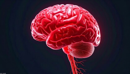 3D medical illustration highlighting the human brain, including cerebrum, cerebellum, and brainstem, in vivid red color