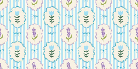 Stripes seamless pattern with hand drawn flower in ribbon frame with bow. floral elegant background. Perfect for decor, fabric, textile, wallpaper