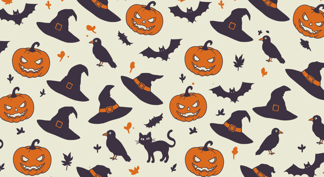 Festive halloween pattern with pumpkins bats witch hats and black cats