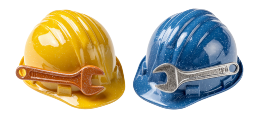 Colorful Hard Hats and Wrenches Isolated on Transparent Background