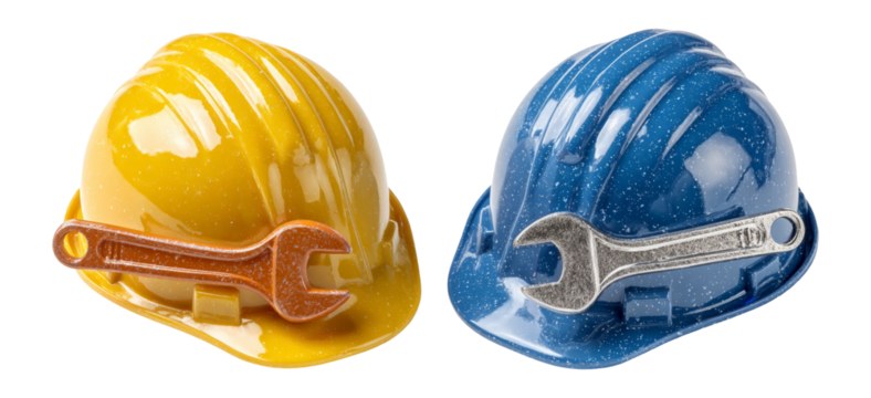 Colorful Hard Hats and Wrenches Isolated on Transparent Background
