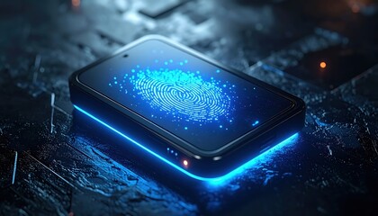 Digital fingerprint sensor on a glowing electronic authorization pad