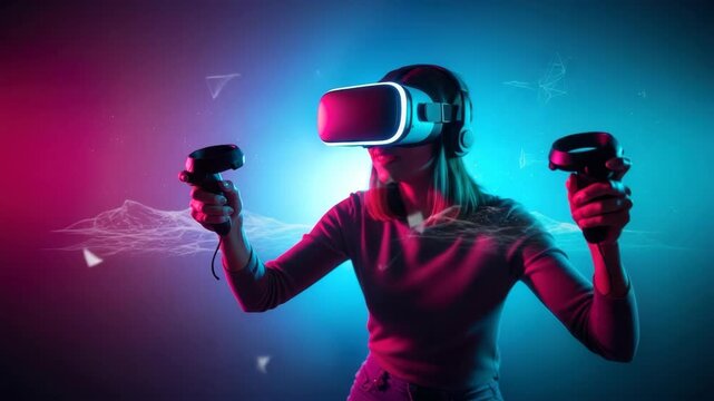 person wears virtual reality headset with glowing pink screen and headphones holding two black controllers against vibrant pink and blue neon background with abstract digital elements and glowing land