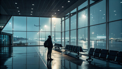 Traveler in a modern airport lounge at night, watching planes in the rain. Transit, in-between spaces, contemplative travel, and finding beauty in infrastructure.