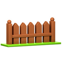 Brown Picket Fence on Green Grass with Transparent Background Render