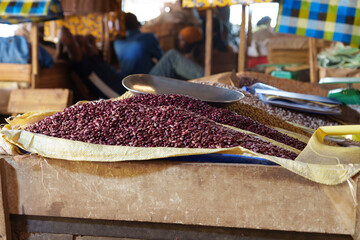 Bulk seeds and grains in sacks at market