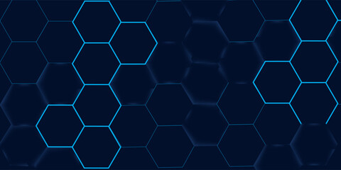 Abstract hexagon pattern background - futuristic sci fi honeycomb grid, glowing blue neon lines on dark. Geometric vector graphic design for digital interfaces, HUD displays and gaming backdrops.