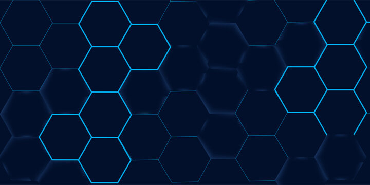 Abstract hexagon pattern background - futuristic sci fi honeycomb grid, glowing blue neon lines on dark. Geometric vector graphic design for digital interfaces, HUD displays and gaming backdrops.