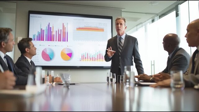 Professional business meeting with a speaker presenting data and graphs in a modern conference room environment.