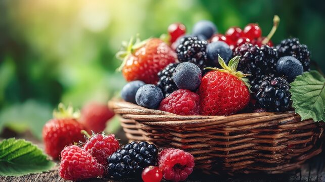 A basket filled with fresh ripe berries in sunlight