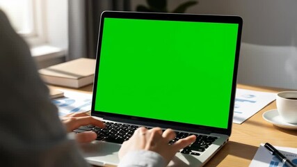 Business Person Typing on Laptop with Green Screen for Digital Content at Bright Office Desk - Powered by Adobe