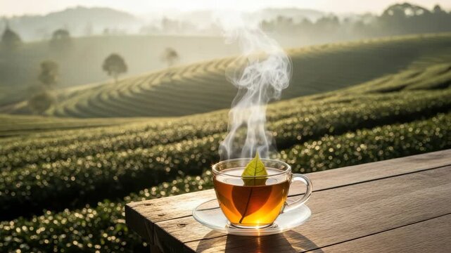 steaming clear glass cup of amber tea with green leaf floats on wooden table Beyond sun-dappled neatly terraced tea plantations stretch across rolling hills under hazy morning sky