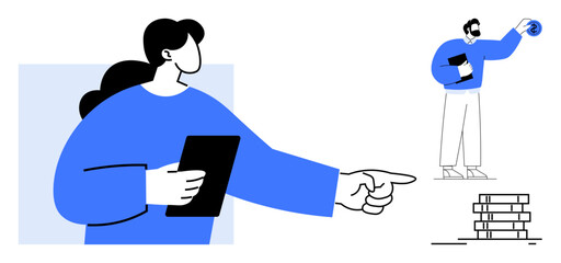 Woman holding tablet pointing while engaging with a man holding documents and a globe near books. Ideal for teamwork, leadership, education, communication, strategy, collaboration, simple flat