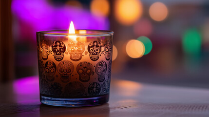 Burning candle with decorative skull design glowing at night during Corona Capital music festival in Mexico, atmospheric detail of vibrant celebration with lights and festive mood