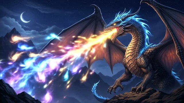 Majestic dragon breathing fire at night, fantasy creature in stunning detail, mystical ambience,